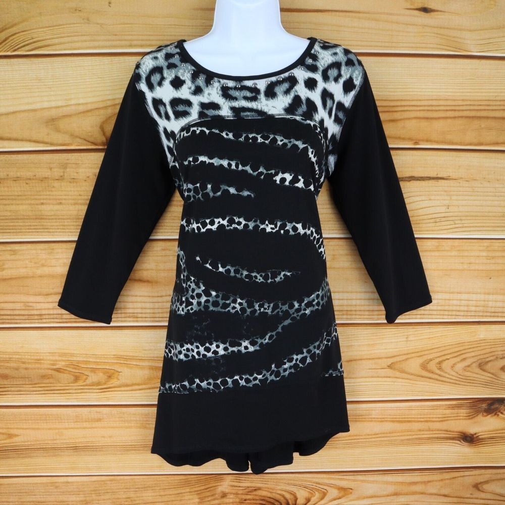 Multiples A-Line Short Dress Womens Sz M Black Animal Print 3/4‎ Sleeves Stretch